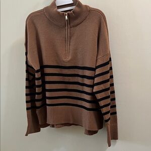 DKNY Brown and Black Striped Half-Zip Turtleneck Sweater Size XL